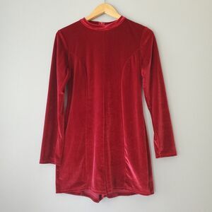 Red Velvet Velour Long Sleeve One Piece Mock Neck Short Romper Womens Medium